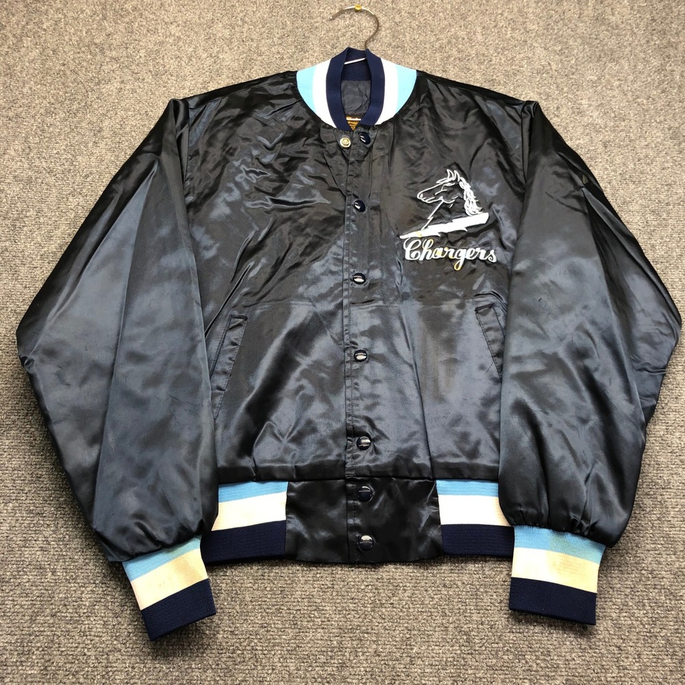 Vintage Swingster Chargers Satin Bomber Jacket Navy Blue Mens Medium Retro Snap